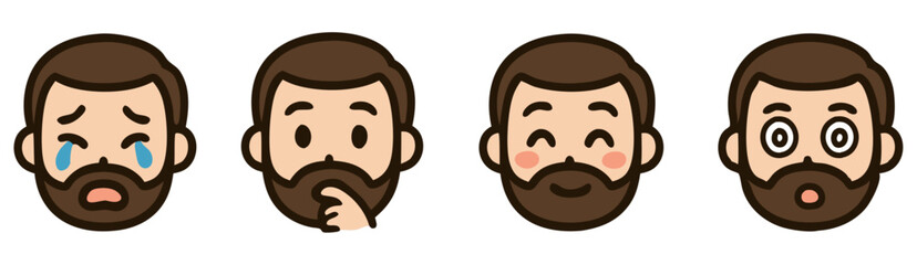 Kawaii Man Emoji Set – Crying, Thinking, Smiling and Dizzy Bearded Male Faces – Cute Vector Stickers
