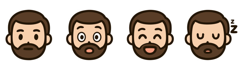 Kawaii Bearded Man Emoji Set – Neutral, Surprised, Smiling and Sleepy Male Faces – Vector Emote Pack
