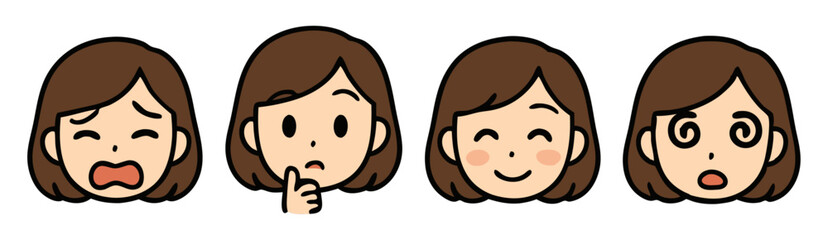 Cute Woman Emoji Set – Screaming, Thinking, Smiling and Dizzy Female Faces – Kawaii Vector Emotes
