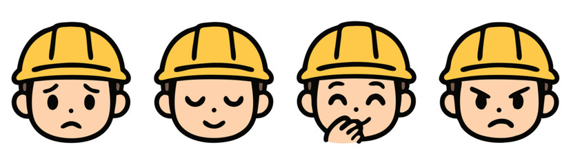 Construction Worker Emoji Set – Sad, Sleepy, Laughing and Angry Faces – Kawaii Vector Stickers
