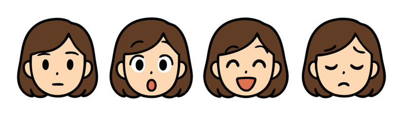 Kawaii Woman Emoji Set – Neutral, Surprised, Happy and Sleepy Female Faces – Cute Vector Sticker Pack
