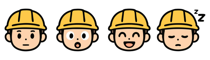 Cute Construction Worker Emoji Set – Neutral, Surprised, Happy and Sleepy Faces – Kawaii Vector Stickers

