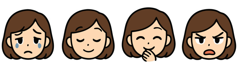 Kawaii Woman Emoji Set – Crying, Sleepy, Laughing and Angry Female Faces – Cute Cartoon Vector Stickers
