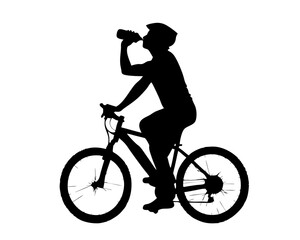 man Biker with Helmet Hydrating on a Break, Road Bike Silhouette Isolated on White