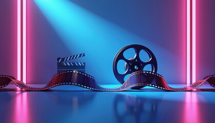 3D illustration of film strip and film reel with clapperboard. Cinematic design on blue background, pink neon lights. Concept represents cinema, movies, video production, entertainment industry.