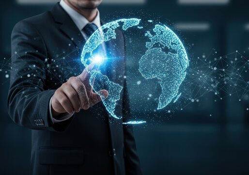 Businessman touching digital globe representing global technology and communication