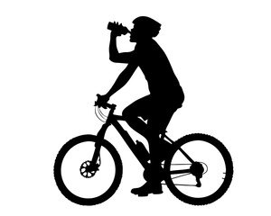 man Biker with Helmet Hydrating on a Break, Road Bike Silhouette Isolated on White