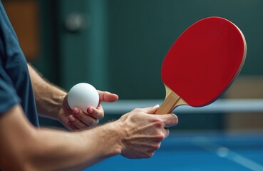 Man prepares to serve table tennis ball. Player holds racket, ping pong ball. Close up, action shot. Focus on hands, sport equipment, competition, healthy lifestyle.