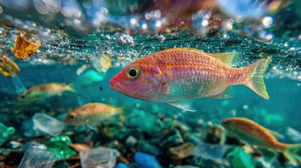 Fototapeta premium Red Fish Swimming Through Plastic Waste in Ocean, Illustrating Environmental Pollution and Corporate Social Responsibility Efforts : Generative AI