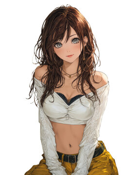 Stylized anime girl with wavy hair in modern casual outfit on transparent background