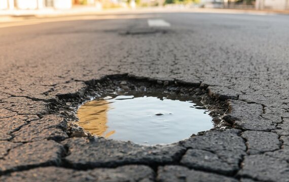 A close up of a pothole in the middle of the road
