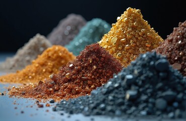 Piles of rare earth elements mined, refined. Resources include metallic ore in production for tech, electronics, renewable energy applications. Raw materials supply market. Industrial concept of