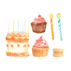 Watercolor hand drawn cake, cupcakes and pastries. Sweets set.
