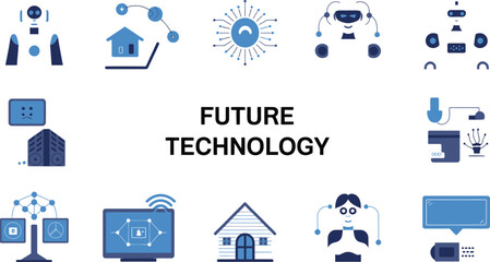 Illustration of future technology elements including robots and smart home devices