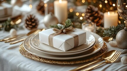 Cozy holiday table setting with wrapped gift and golden accents