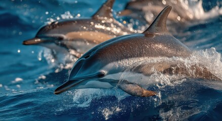 Fototapeta premium Dolphins Jumping Out of the Water in Sunlight, Symbolizing Marine Conservation and Ecosystem Awareness, With Splashes and Blue Tones : Generative AI