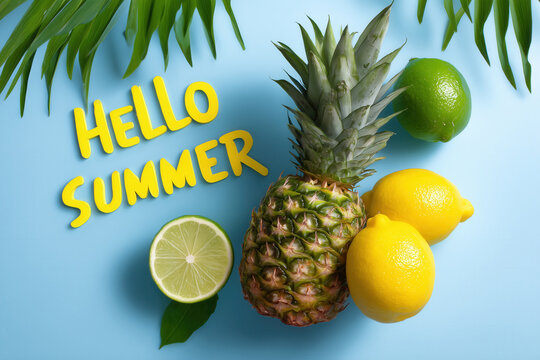 Colorful arrangement of tropical fruits including pineapple, lemons, and lime on light blue backdrop with 'Hello Summer' text creating vibrant summer feel