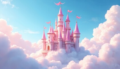 Pink princess castle floats in clouds. Fairytale palace illustration. Dreamy atmosphere, fantasy realm, magical place. Ideal for children book, greeting card, poster, background. Soft pastel colors,