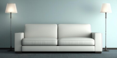 The interior of the living room includes a white sofa, grey armchair, metal coffee table, blanket, pillow, and a large painting hanging on a blue wall