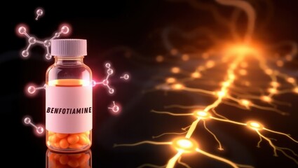 A glowing vial labeled "Benfotiamine" sits beside a molecular structure. In the background, smooth, glowing pathways symbolize balanced blood sugar and nerve protection.