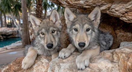 Fototapeta premium Two Wolf Pups Resting on Rocks in Natural Habitat, Symbolizing Wildlife Conservation and Animal Companionship for Pet Industry Marketing : Generative AI