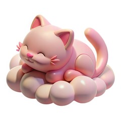 3d cute pink kitten sleeping on clouds isolated on white background