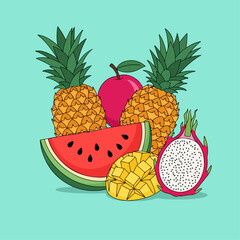 Tropical Summer Fruits with Pineapple, Dragon Fruit, Mango and Watermelon