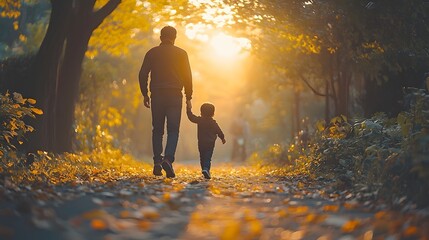 Father and son jogging together in the autumn forest