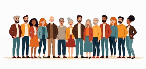 Illustration of diverse people group standing together. Multiracial, multicultural society features young, old men, women, children. Social diversity, inclusion, community, equality. Isolated on