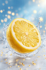 Cut lemon splashes into water, creating vibrant droplets against a bright backdrop. Setting features clear focus on lemon's detail, emphasizing freshness