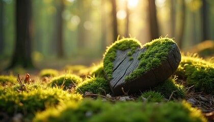 Wooden heart covered in green moss. Natural forest burial grave, woodland cemetery. Symbol of love, remembrance, faith. Nature background. Funeral concept, spiritual landscape.