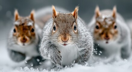 Fototapeta premium Three Squirrels in Winter Snow, Representing Wildlife Conservation and Winter Season Fun, Perfect for Nature Enthusiasts and Animal Lovers : Generative AI