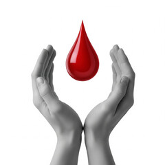 Fototapeta premium Red Blood Drop Floating Between Symmetrical Hands