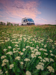 portrait view to white camper van on meadow under sunset sky
