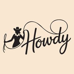 Howdy Cowgirl Silhouette Art Print with Lasso for Western and Country Decor