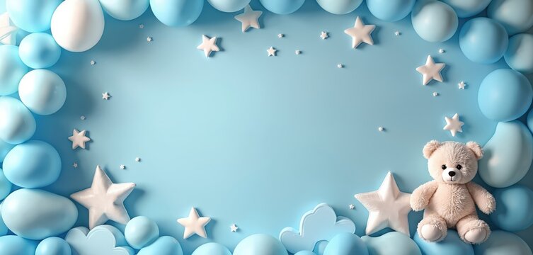Baby shower card for boy with balloons, stars and teddy bear. Blue background with copy space for text. Newborn baby announcement. Celebration party invitation design.