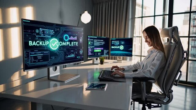 Professional system administrator completing critical data backup, securing digital information and ensuring network integrity at modern workplace