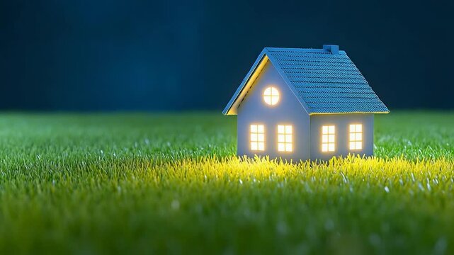 Illuminated House Model in a Green Field at Night