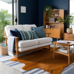 This elegant modern living room boasts an interior design that incorporates a fluffy armchair, pouf, wooden commode, and mock-up poster frame, along with modern home accessories, all set against a