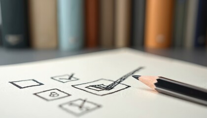 Close-up shot of checklist with pencil. Pencil marks a checked box, other boxes are blank, in the concept of choice. Blurred background with books in the library.