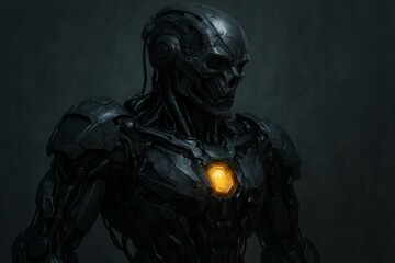 Fototapeta premium A menacing dark robotic figure with a skeletal face and a glowing orange power core.