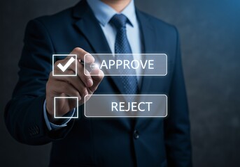 Photo of a businessman in a dark suit marks the approve option with a checkmark on a digital interface
