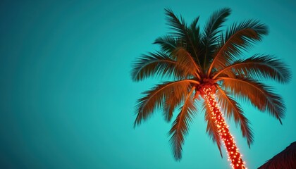 Palm tree illuminated by festive lights against turquoise sky. Tropical landscape, holiday vibe, vacation mood, warm glow, celebration time. Christmas, New Year, holiday resort, luxury vacation,