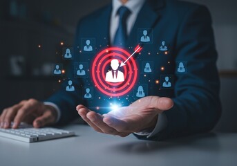 Photo of a businessman targets the ideal candidate, an arrow piercing the center of a person icon surrounded by potential hires