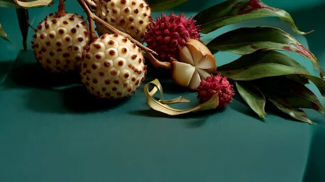 Exotic rambutans and pulasans fruits on branch with green leaves against a solid dark green backdrop, highlighting textures and colors of these tropical delights