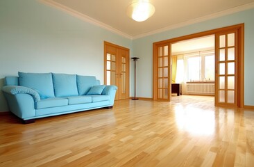 Obraz premium Contemporary interior design is showcased in the spacious living room and kitchen