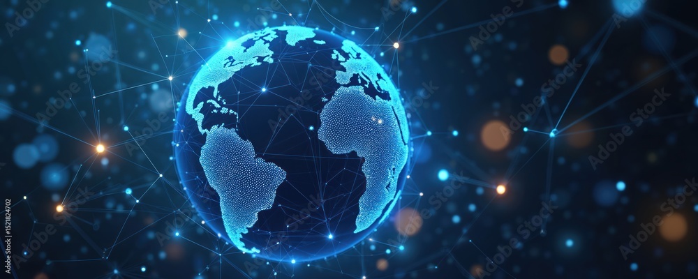 Poster Abstract futuristic blue tech globe with network connection. Digital planet earth, lines dots connect together, representing global communication, data transfer, internet, cyberspace, metaverse,