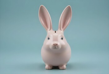 Fototapeta premium Ceramic rose rabbit coin bank with long ears, soft pastel pink glaze, isolated studio product photo, front angle.