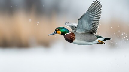 Obraz premium A green-winged teal taking flight low