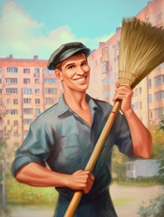 Smiling man in work uniform holding broom standing in residential courtyard. Retro Soviet-style illustration. Urban maintenance and profession concept. Design for poster, print, postcard, greeting